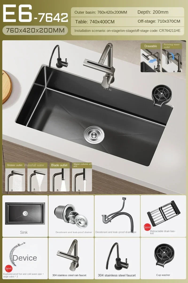 NoirCascade Waterfall Kitchen Sink Set