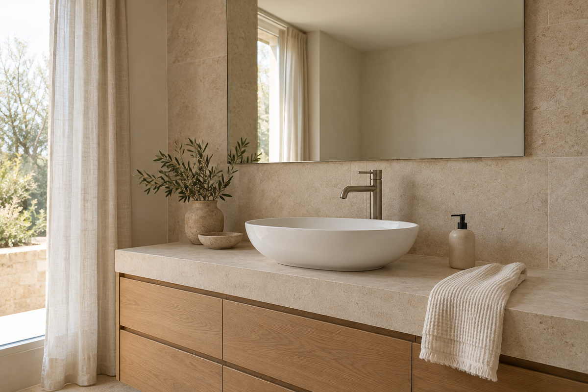 The Faucet House — bathroom inspiration in warm sand tones