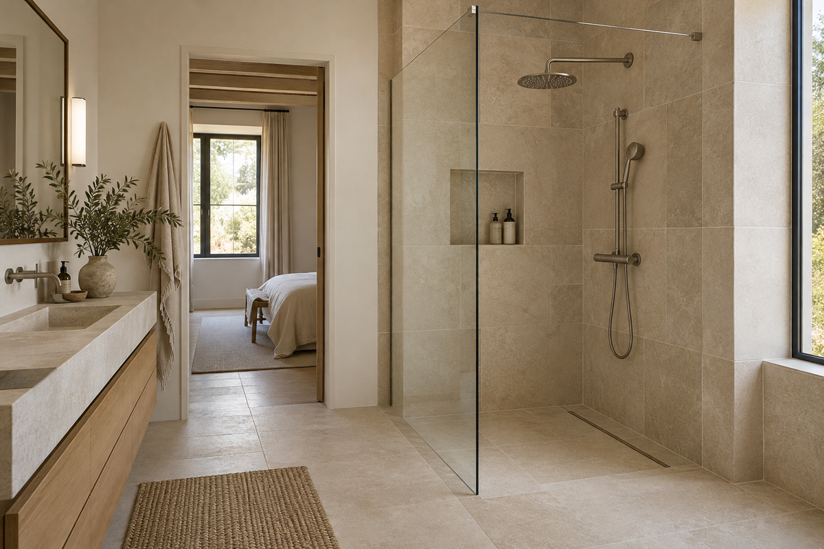 The Faucet House — shower inspiration in warm sand tones