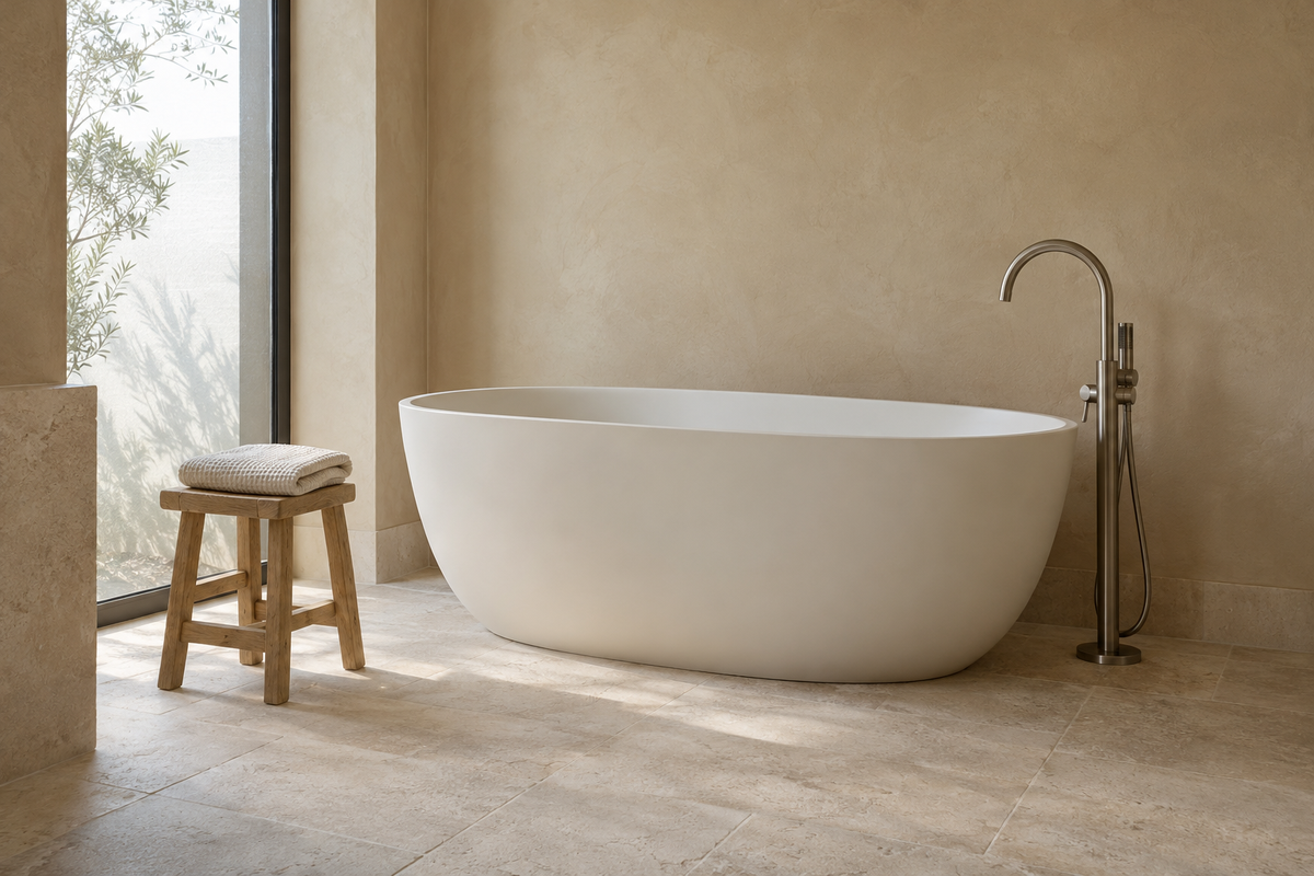 The Faucet House — tub inspiration in warm sand tones